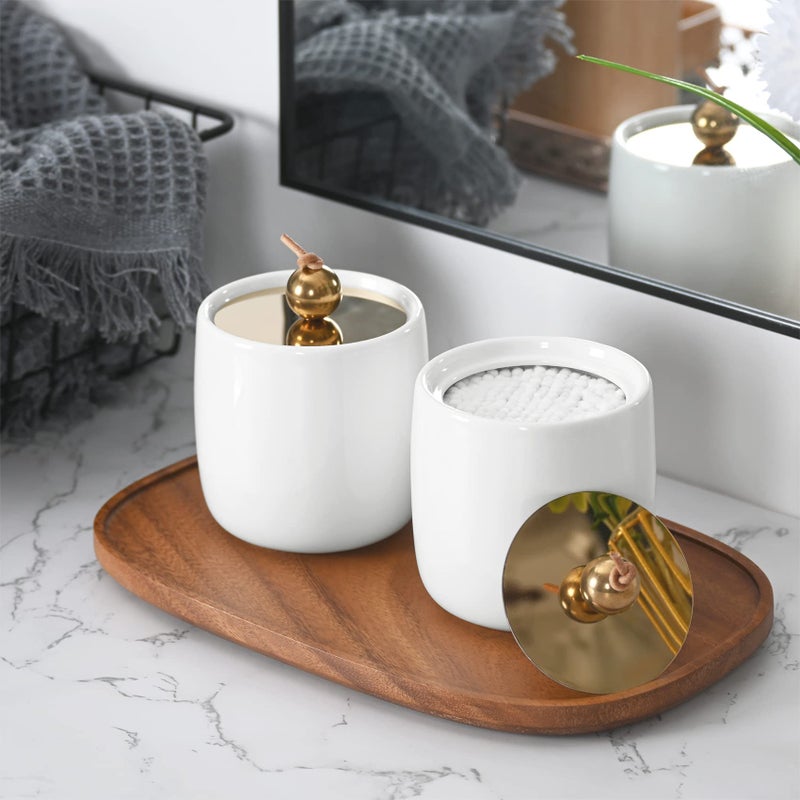 Satu Brown 2 Pack Ceramic Qtip Holder Dispenser with Gold Lids   White Apothecary Jars Bathroom Vanity Organizer - Bathroom Canister for Cotton Swabs  Rounds  Balls  Makeup Sponges  Bath Salts - Image 2